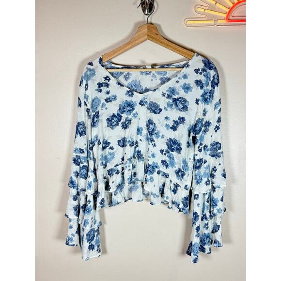 American Eagle Women’s Small Top Cropped Long Bell Sleeve Cropped Floral Cottage - Picture 1 of 7